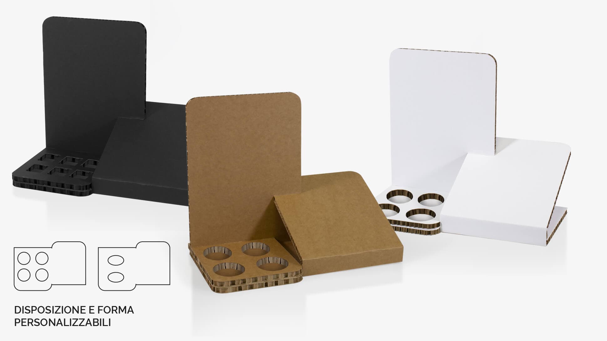 Display da banco in cartone Nidoboard avana o nero con fori personalizzabili alla base | tictac.it Display da banco in cartone Nidoboard avana o nero con fori personalizzabili alla base | tictac.it