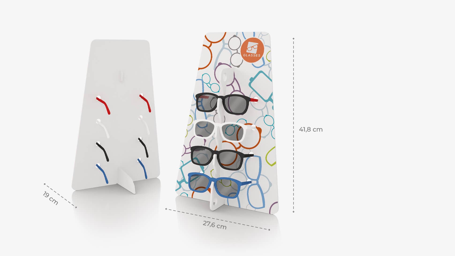 Espositore per occhiali Trapezio in Forex bianco con grafica personalizzata | tictac.it Espositore per occhiali Trapezio in Forex bianco con grafica personalizzata | tictac.it