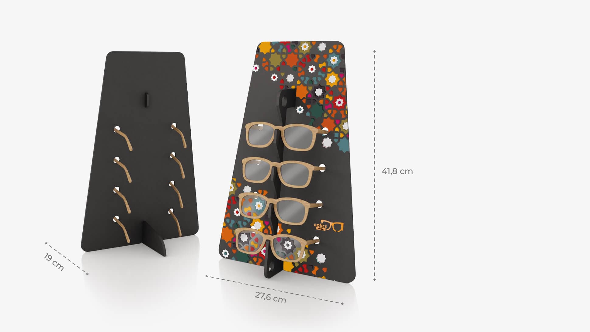 Espositore per occhiali Trapezio in Forex nero con grafica personalizzata | tictac.it Espositore per occhiali Trapezio in Forex nero con grafica personalizzata | tictac.it