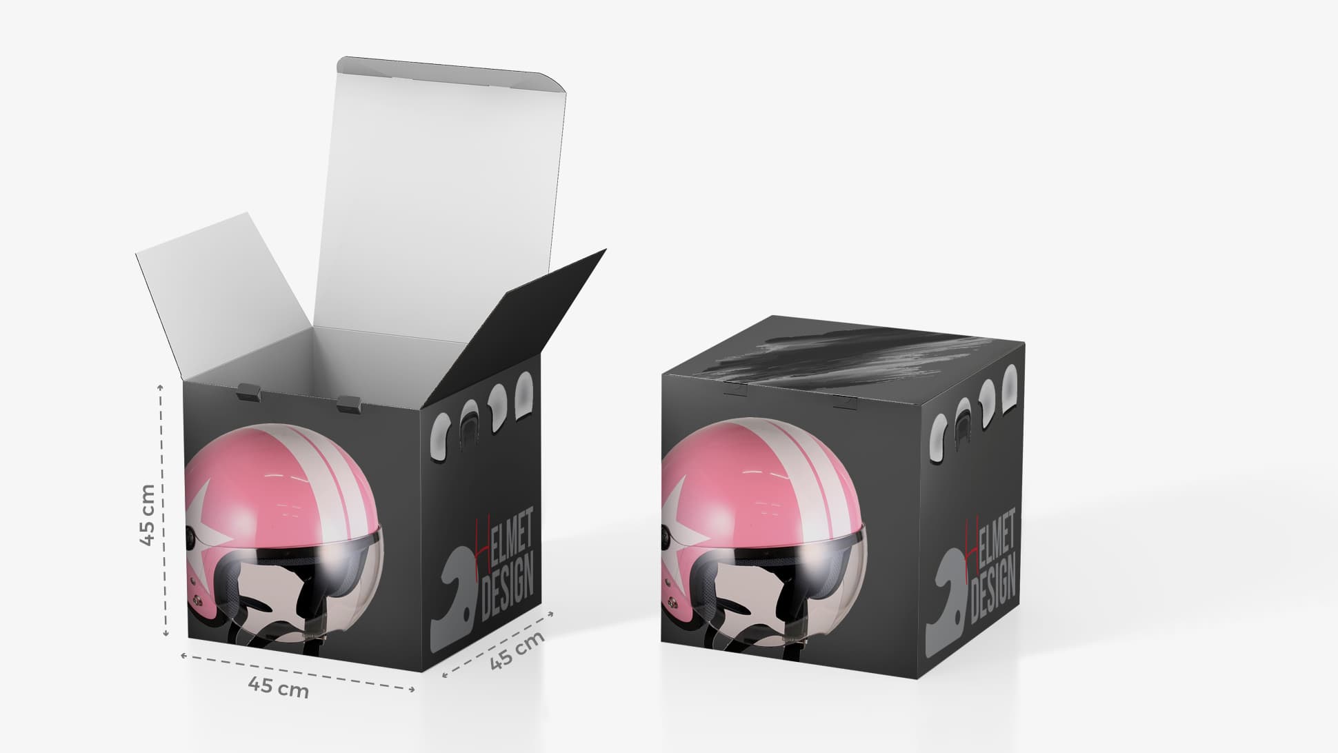 Scatola in cartone 45x45 cm con grafica casco | tictac.it Scatola in cartone 45x45 cm con grafica casco | tictac.it