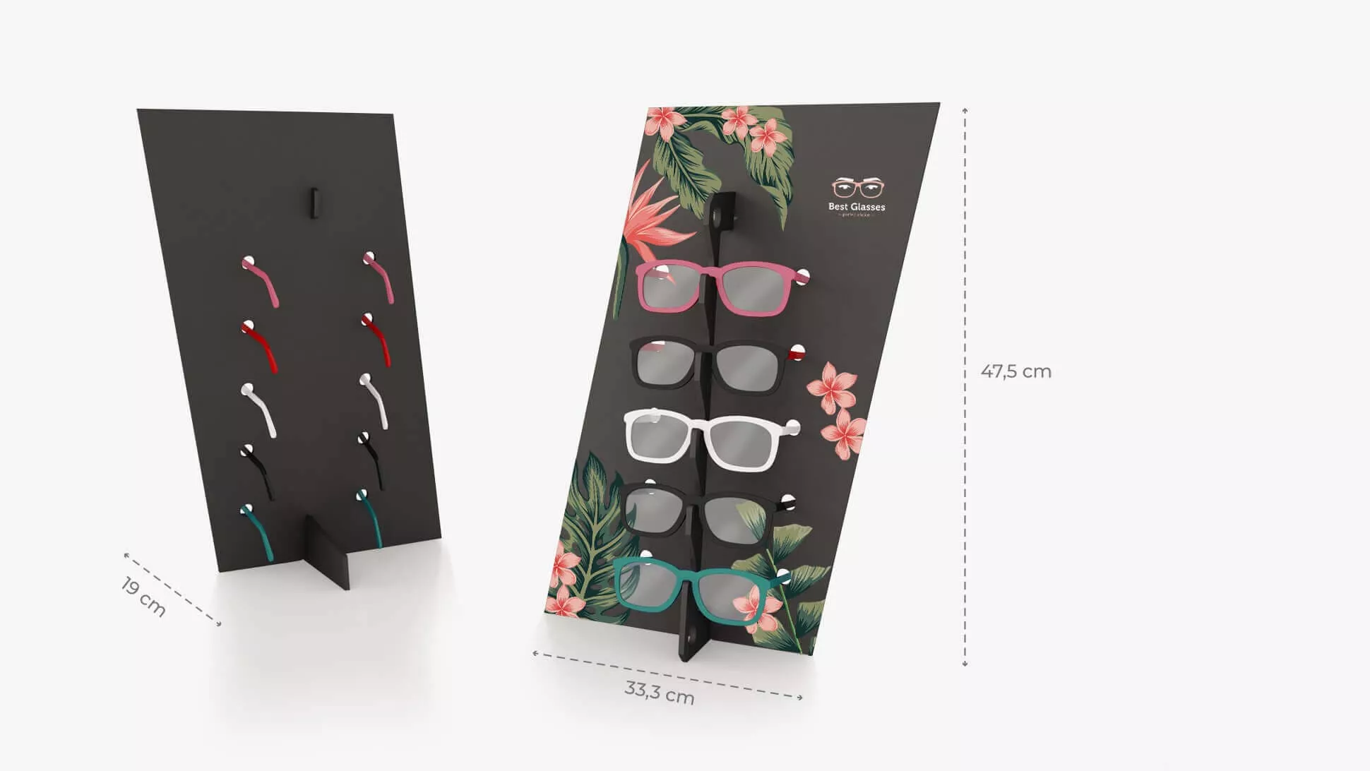 Espositore per occhiali Diago in Forex nero con grafica personalizzata | tictac.it