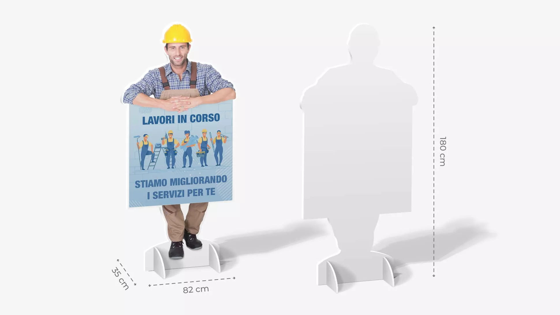 Sagome prestampate autoportanti in polionda con addetto ai lavori con grafica | tictac.it	