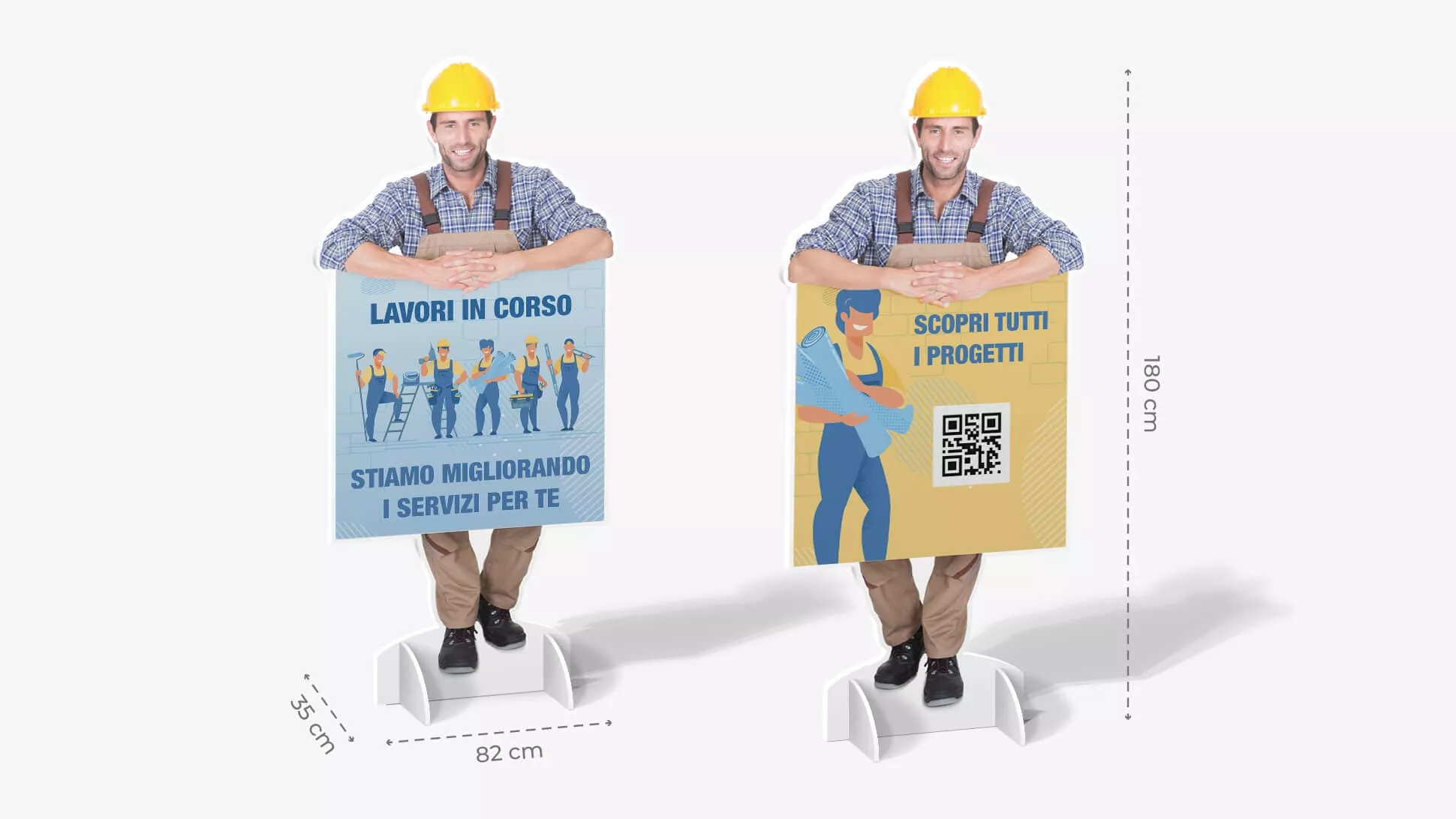 Sagome prestampate autoportanti in laminil con addetto ai lavori con grafica | tictac.it	